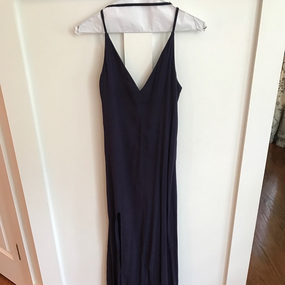 Navy Low Back Silk Maxi Dress with Slit - Picture 2 of 2